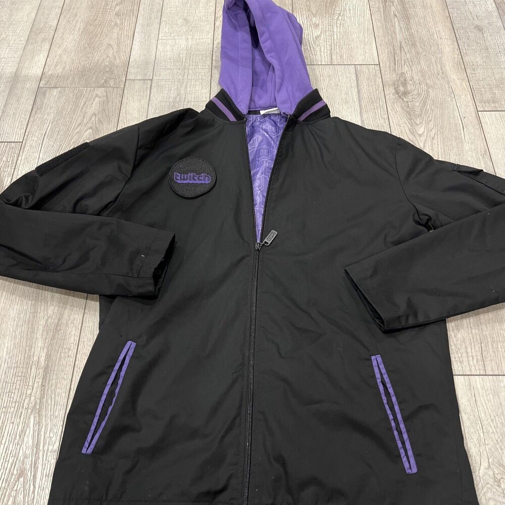 Rare Official TWITCH Men's Full-Zip Hooded Varsity Jacket Black Purple Sz Large